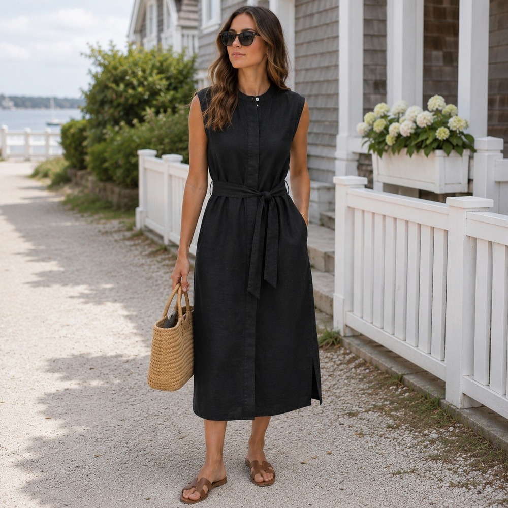 J. Crew Linen Midi Shirt Dress XS Black Sleeveless Minimalist Coastal Classic